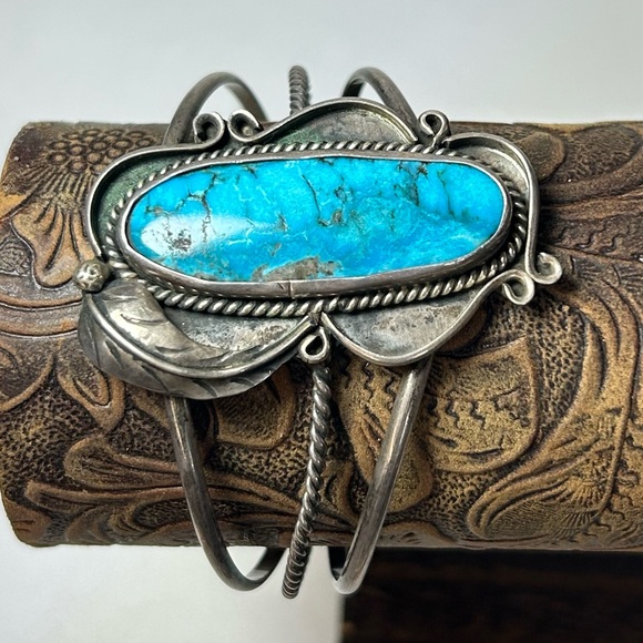 Native American Jewelry - Native Sterling Silver Large Chunky Turquoise Stone Cuff Bracelet Navajo